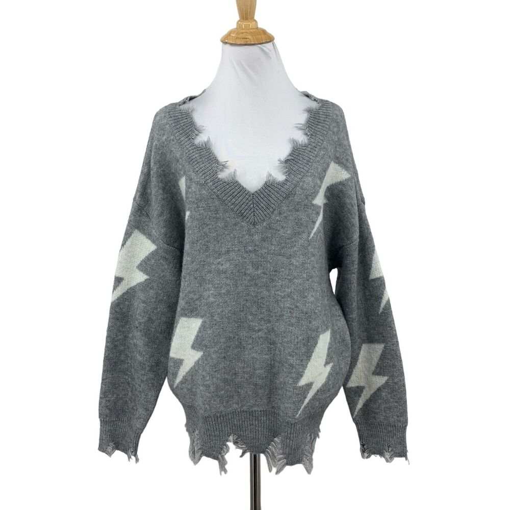 Soho Boutique Sweater Womens S/M SGray Lightning Bolt Fringe Jagged Edge V Neck